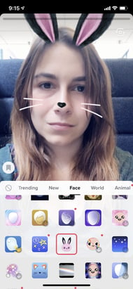Previewing AR bunny face filter on TikTok